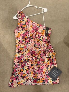 Floral One-Shoulder Mini Dress - Pink, Yellow, Orange, Green and Black